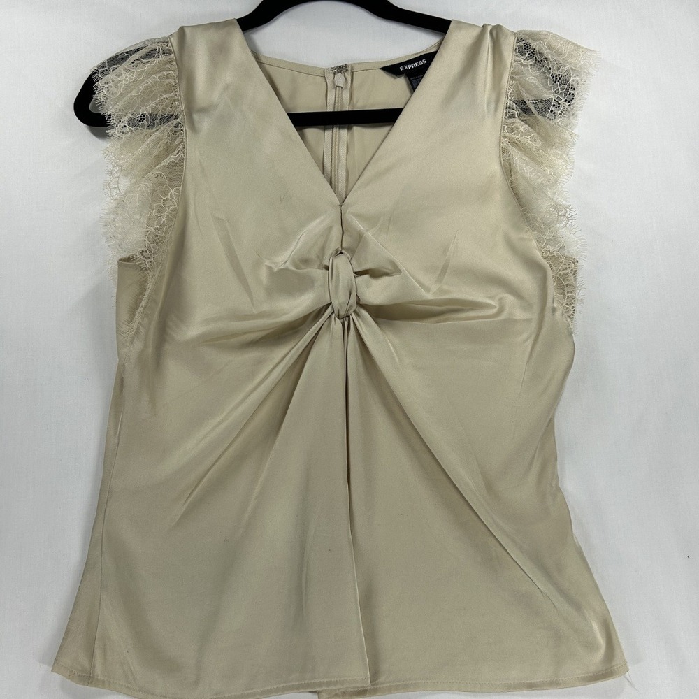 Express Vintage 2000S/ Y2K Woman's Satin V-Neck Lace Blouse Small Creme